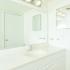 Model bathroom with large vanity sink at Oak Tree Apartments in Newark, DE.