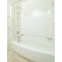 Model bathroom with tub shower at Victoria Crossing Apartments in Reading, PA.
