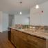 Kitchen with shaker style cabinets, pendant lights and wood plank flooring