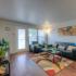 Living room filled with light from multiple windows, wood-plank style flooring, flat screen tv at The Club at Chandler Crossings | MSU Off-Campus Apartments in East Lansing.