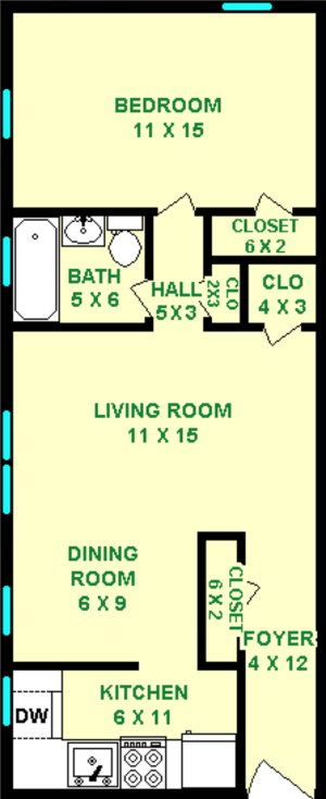 Osprey One Bedroom floorplan shows roughly 585 square feet, with a bedroom, bathroom, living room, dining room, kitchen and a foyer.