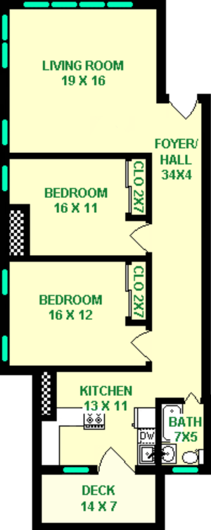 Tahoe Two Bedroom Floorplan shows roughly 960 square feet, with two bedrooms,  a living room, kitchen, bathroom and a deck.