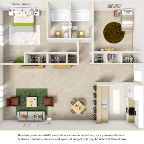 Bluegill floor plan with 2 bedrooms, 2 bathrooms, washer and dryer