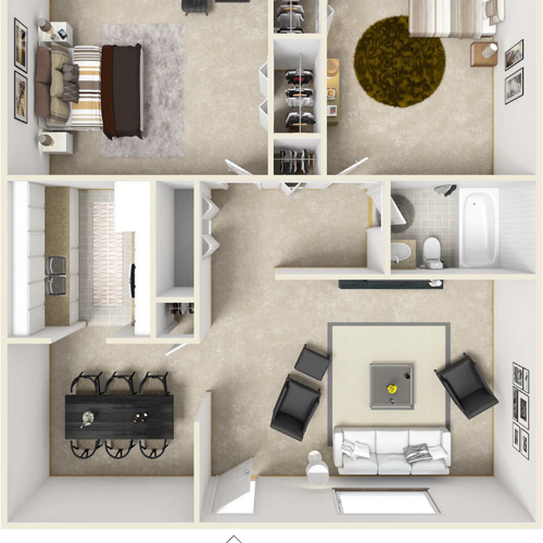 The Valencia 2 bedrooms 1 bathroom floor plan