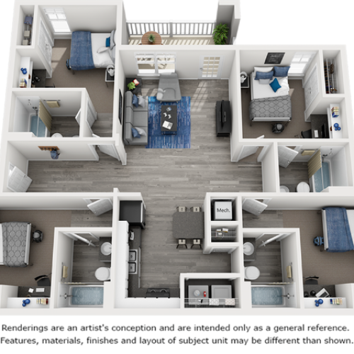 3d floor plan with 4 bedrooms and common areas.