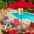 Sparkling pool, chair lounges & tables, Stone wall fence..
