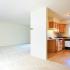 Belmont Park Apts; Interior, living room, eat-in kitchen, plush carpet, electric range, dishwasher, range hood, window in kitchen