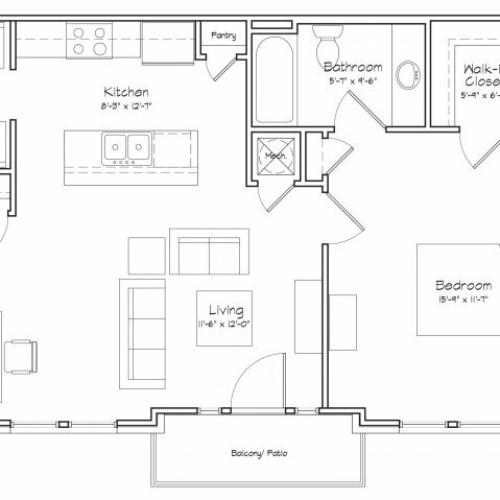 1X1-A5 Floor Plan | 1 Bedroom with 1 Bath | 691 Square Feet | Alpha Mill | Apartment Homes
