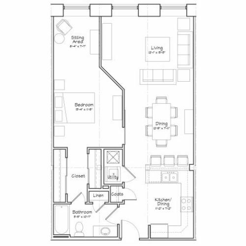1X1-A12 Floor Plan | 1 Bedroom with 1 Bath | 850 Square Feet | Alpha Mill | Apartment Homes