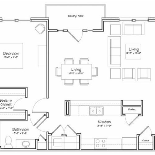 1X1-A15 Floor Plan | 1 Bedroom with 1 Bath | 887 Square Feet | Alpha Mill | Apartment Homes