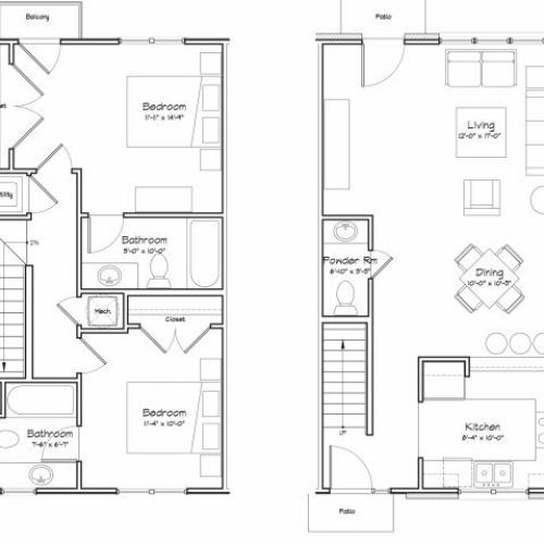 2X2.5-B15TH Floor Plan | 2 Bedroom with 2.5 Bath | 1037 Square Feet | Alpha Mill | Apartment Homes