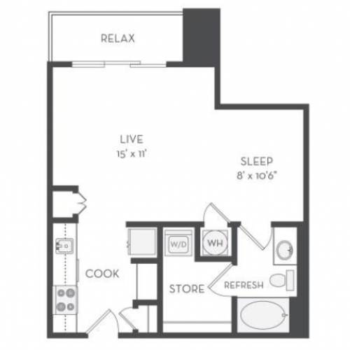 The Dali Floor Plan | Studio with 1 Bath | 611 Square Feet | Cottonwood Westside | Apartment Homes