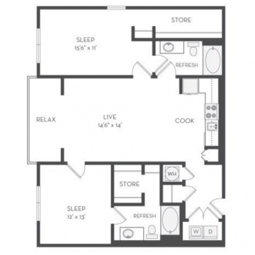 The Picasso Floor Plan | 2 Bedroom with 2 Bath | 1225 Square Feet | Cottonwood Westside | Apartment Homes