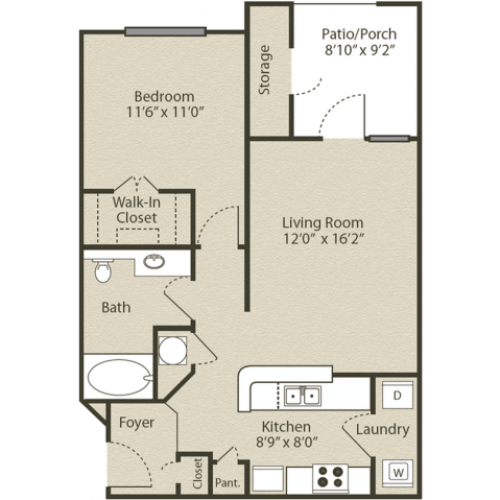 Piedmont Floor Plan | 1 Bedroom with 1 Bath | 696 Square Feet | Retreat at Peachtree City | Apartment Homes