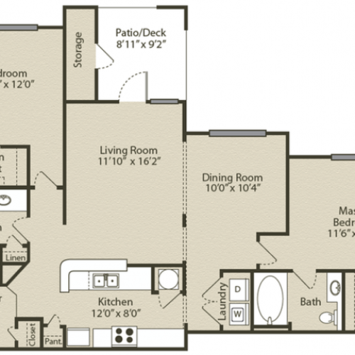 Chastain with Garage Floor Plan | 2 Bedroom with 2 Bath | 1140 Square Feet | Retreat at Peachtree City | Apartment Homes