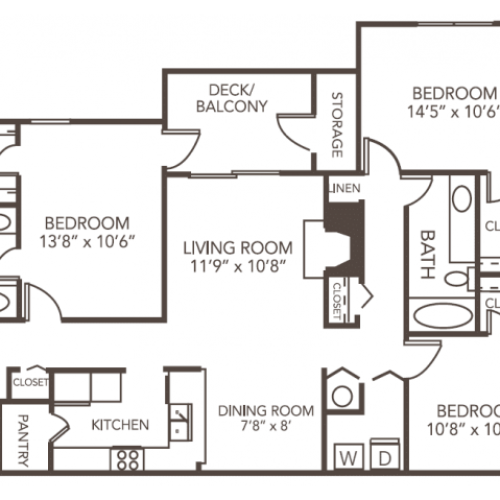 Elm Floor Plan | 3 Bedroom with 2 Bath | 1212 Square Feet | 1070 Main | Apartment Homes