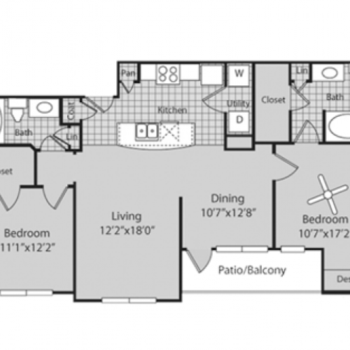 B2 Floor Plan | 2 Bedroom with 2 Bath | 1113 Square Feet | Bluffs at Vista Ridge | Apartment Homes