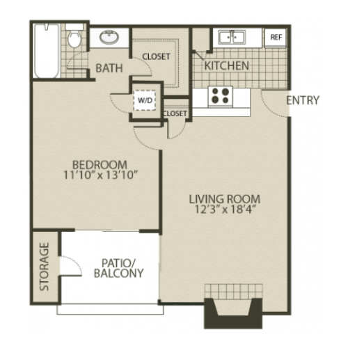 A1 Floor Plan | 1 Bedroom with 1 Bath | 600 Square Feet | The Oaks of North Dallas | Apartment Homes