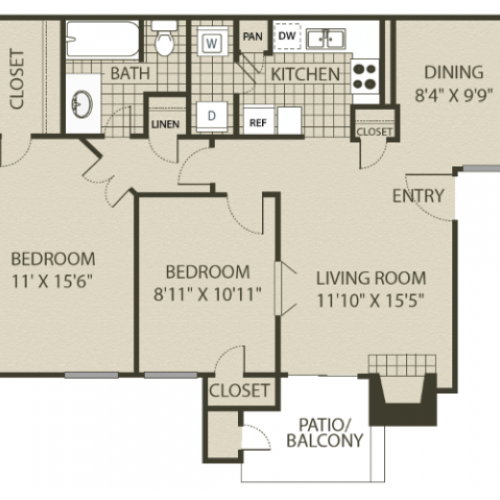 B1 Floor Plan | 2 Bedroom with 1 Bath | 874 Square Feet | The Oaks of North Dallas | Apartment Homes