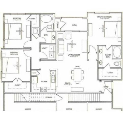 Garden Floor Plan | 3 Bedroom with 2 Bath | 1438 Square Feet | Retreat at Stafford | Apartment Homes