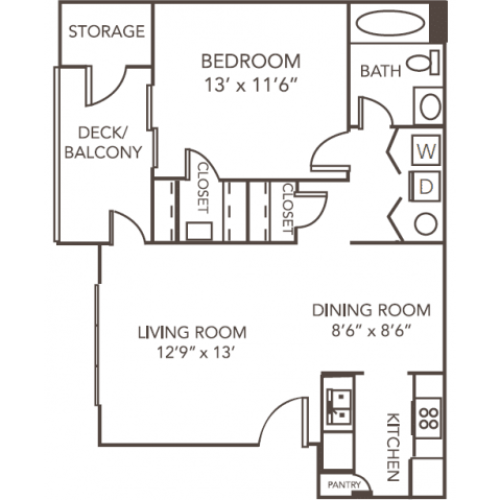 Renovated Birch Floor Plan | 1 Bedroom with 1 Bath | 793 Square Feet | 1070 Main | Apartment Homes