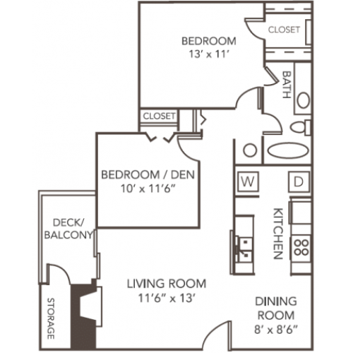 Renovated Cedar Floor Plan | 2 Bedroom with 1 Bath | 945 Square Feet | 1070 Main | Apartment Homes