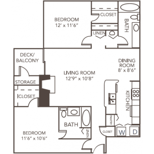 Renovated Dogwood Floor Plan | 2 Bedroom with 2 Bath | 1055 Square Feet | 1070 Main | Apartment Homes