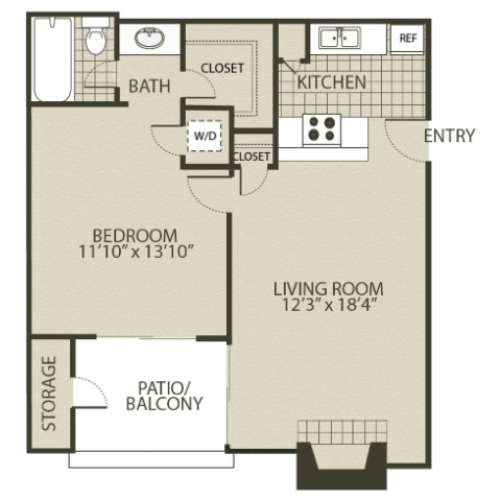 Renovated A1 Floor Plan | 1 Bedroom with 1 Bath | 600 Square Feet | The Oaks of North Dallas | Apartment Homes