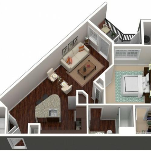 778 square foot one bedroom one bath apartment floorplan 3D image