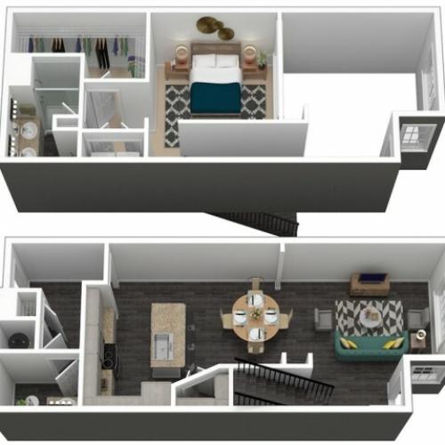 1247 square foot one bedroom loft one and a half bath apartment floorplan 3D image