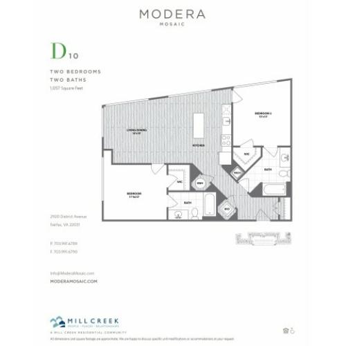 1057 square foot two bedroom two bath apartment floorplan image