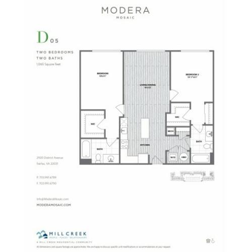 1065 square foot two bedroom two bath apartment floorplan image