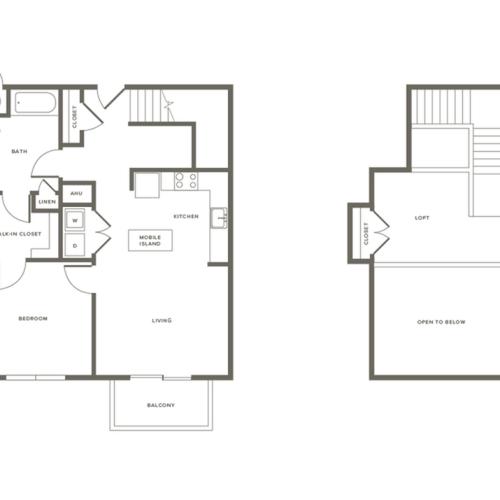 1039 square foot one bedroom one bath loft  apartment floorplan image