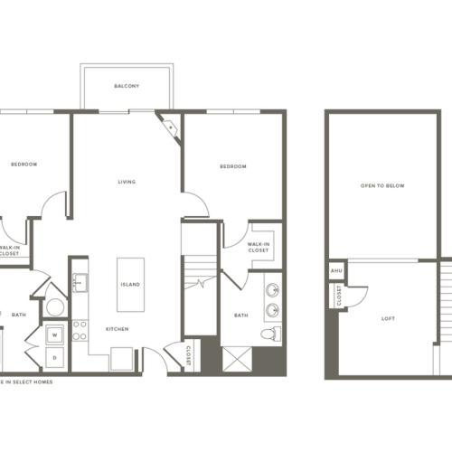1364 square foot two bedroom two bath loft apartment floorplan image