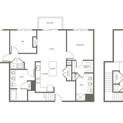 1578 square foot two bedroom two bath with den and loft apartment floorplan image