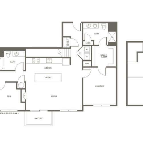 1723 square foot two bedroom two bath with den and loft apartment floorplan image