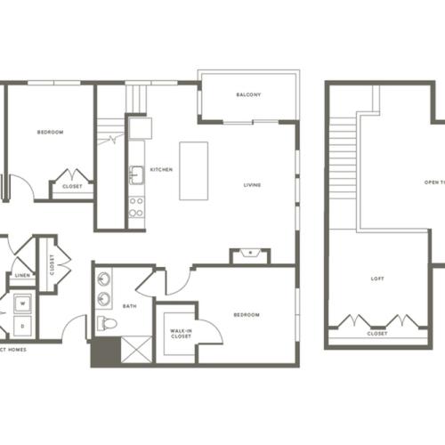 1640 square foot three bedroom two bath loft apartment floorplan image