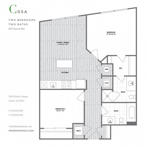 889 square foot Junior two bedroom two bath apartment floorplan image