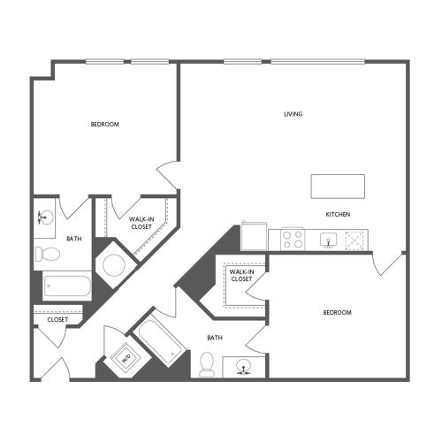1155 square foot two bedroom two bath apartment floorplan image