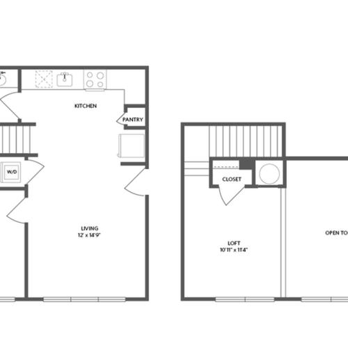758 square foot one bedroom one bath loft apartment floorplan image