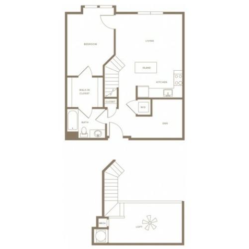 1011 square foot one bedroom one bath loft apartment floorplan image