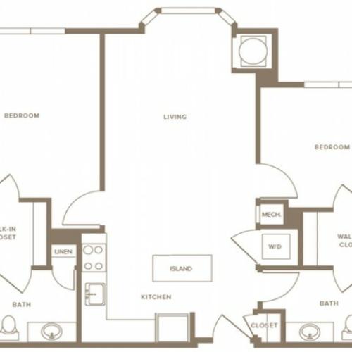 1148 square foot two bedroom two bath hearing impaired apartment floorplan image