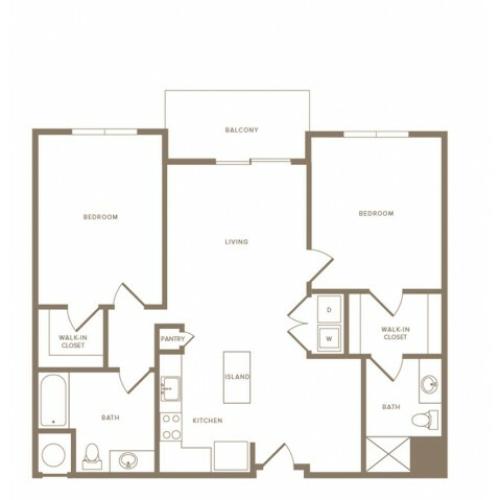 1165 to 1181 square foot two bedroom two bath apartment floorplan image