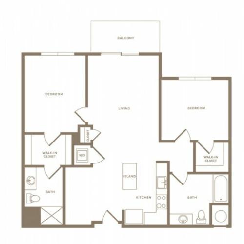 1125 square foot two bedroom two bath apartment floorplan image