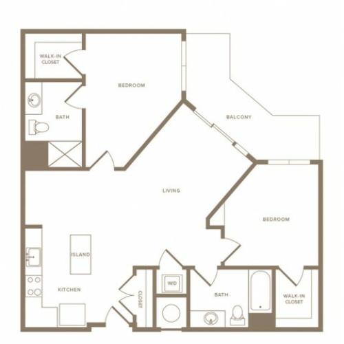 1071 square foot two bedroom two bath apartment floorplan image