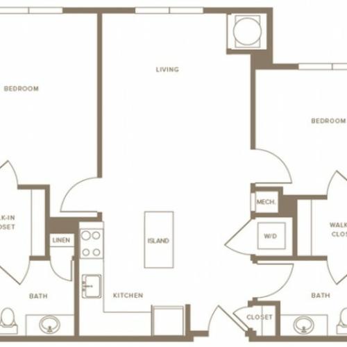 1000 to 1343 square foot two bedroom two bath apartment floorplan image