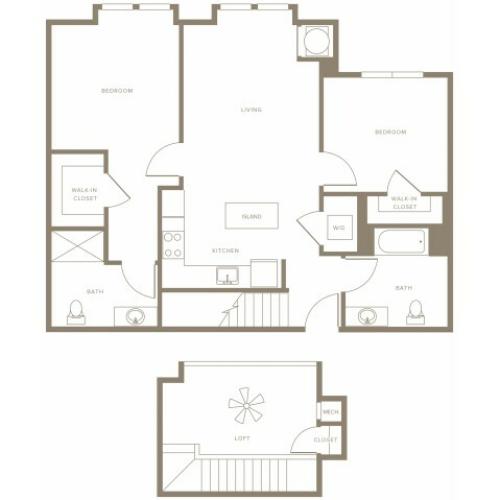 1110 to 1454 square foot two bedroom two bath with bump-outs in living room and master bedroom loft apartment floorplan image