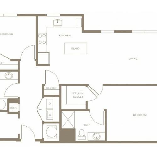 1233 to 1247 square foot two bedroom two bath with den apartment floorplan image