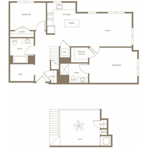 1423 square foot two bedroom two bath with den and loft apartment floorplan image