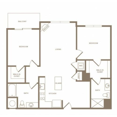 1145 square foot two bedroom two bath apartment floorplan image